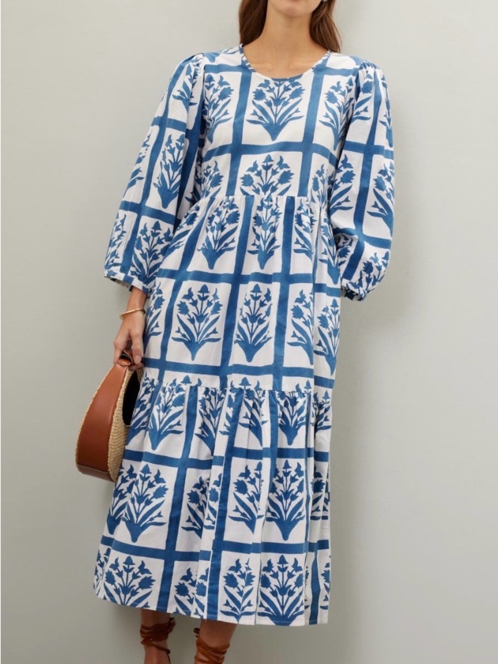 Blue and White Floral Midi Dress